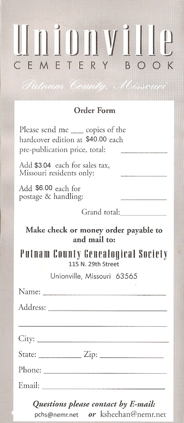 Unionville Cemetery Book Order Form